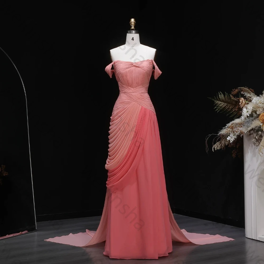 Maßgeschneiderte schulterfreie Abendkleider mit kurzen Ärmeln und Falten, sexy rückenfreies Chiffon-Kleid, exquisite hochwertige Ball- und Partykleider
