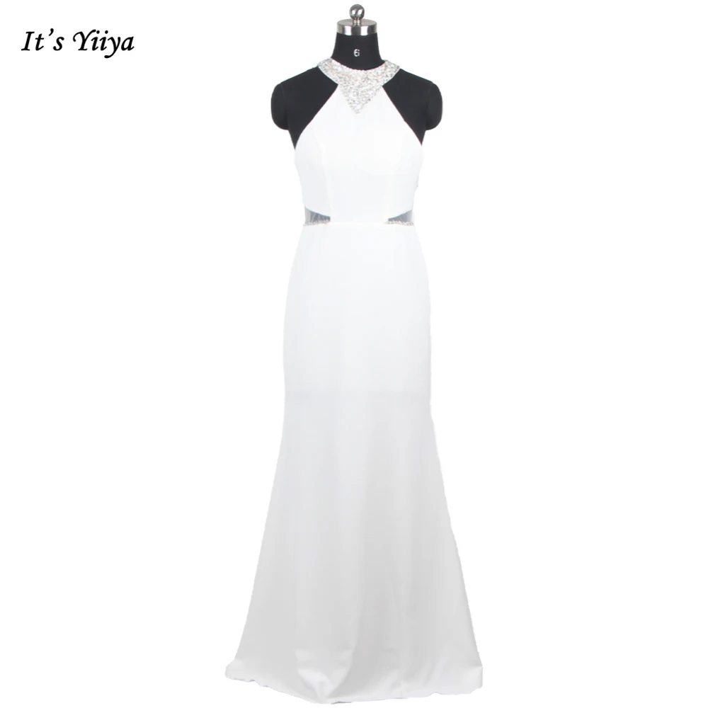 

It's Yiiya White Evening Dresses Beading Cystal Halter Collar Sleeveless Mermaid Trumpet Floor Length Plus size Party Dress C200