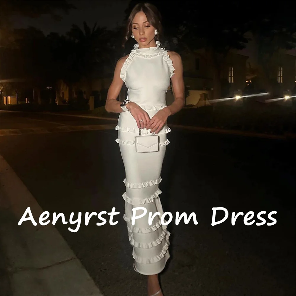 Aenryst Elegant Mermaid Satin Evening Gowns customized High Collar Ruffles Bodycon Prom Dress Tea Length Party Gown فساتين سهره