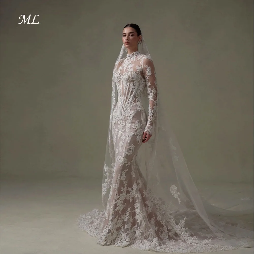 ML Luxury Lace Mermaid Wedding Dress 2026 Backless Unique Corset Bridal Gown With Long Train Vintage Floral Lace Bride Wear