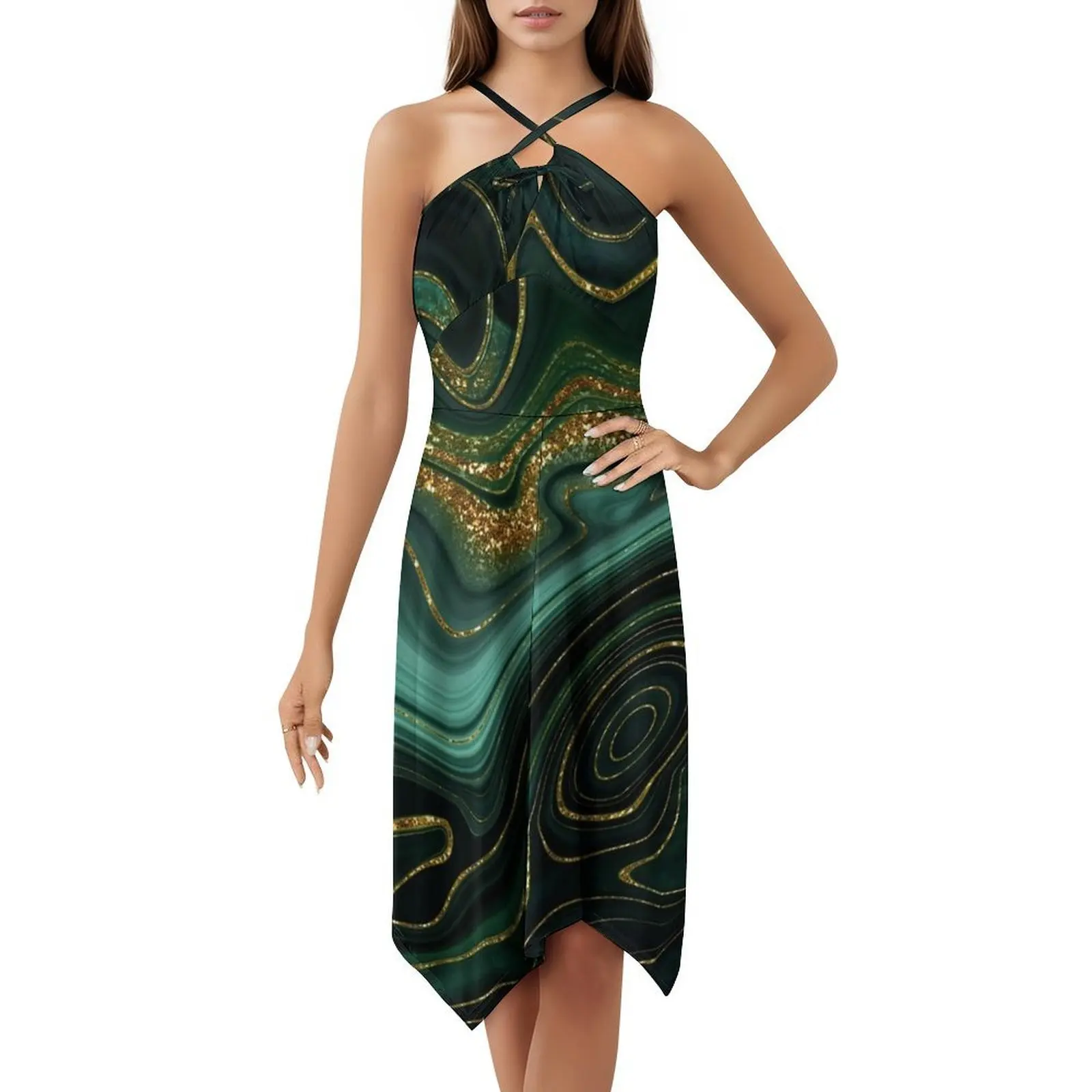 Ouro índigo malaquita falso mármore ii querida decote vestido elegante vestido de festa de verão para mulher textura de mármore geode