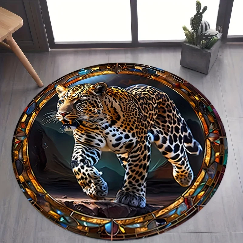 Colorful Mosaic Dolphin Sunset Sea Circular Area Rug Vintage Stained Glass Art Print Anti Slip Round Doormat Beach Style  Rug