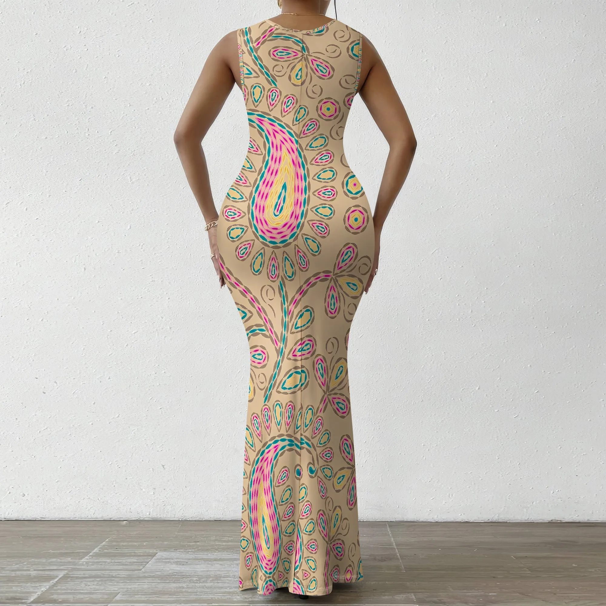 Ärmelloses Maxikleid mit Pfauenfeder-Print, Übergröße, Boho-Sommer-Party- und Urlaubskleid
