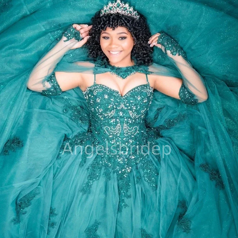 Angelsbridep Blackish Green Ball Gown Quinceanera Dress Girls Brithday Evening Dresses Vestidos 15 Años Quinceañera With Cape