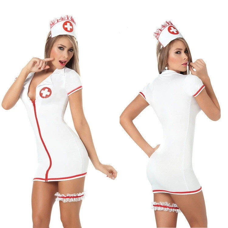 

Sexy European And American Nurse Uniform Set with See-through Zipper for Adult Entertainment Full Set