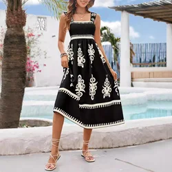 2024 Sexy Halter Beach Holiday Long Dresses Summer Fashion Print Sleeveless Elasticated Chest Simple Boho Casual Midi Dresses
