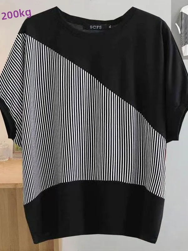 

Loose Mommy Style T-Shirt Striped Batwing Sleeve Short Sleeve Breathable Casual Top for Middle-Aged Women Summer New Arrival