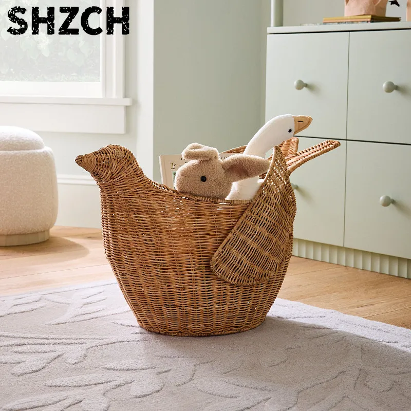 Woven Rattan Bird Shape Storage Basket Kid’s Plush Toy Storage and Living Room Decor Rustic Home Organizer with Artistic Design