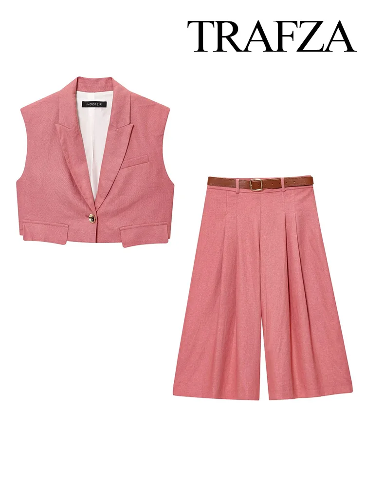 

HH Women Fashion Flax Pink Pants Suit Sleeveless Short Hidden Button Vest Type Top+Belt Long Casual Shorts Wide-leg Pants