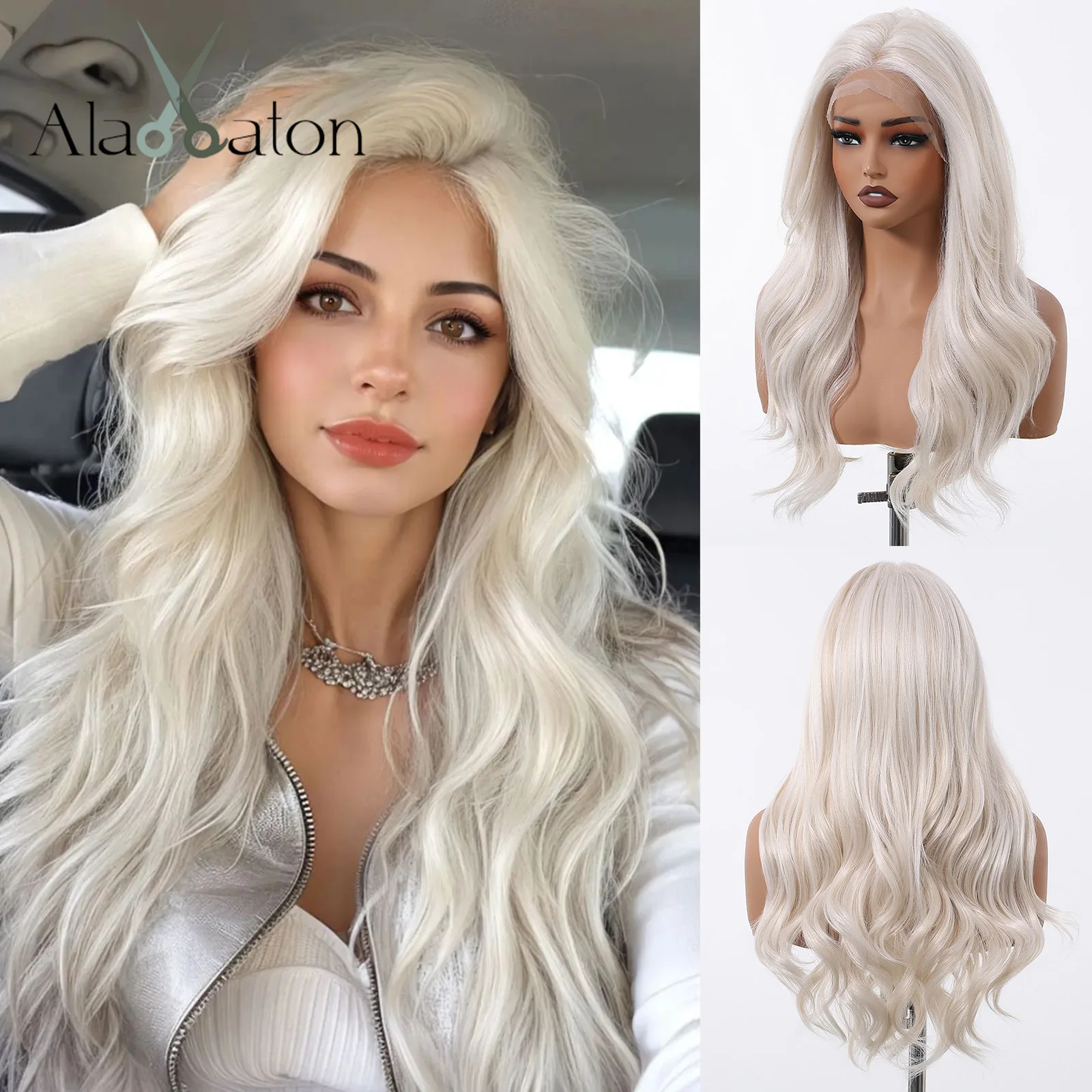 Long Wavy White Synthetic Wigs for Women 24 Inches White Lace Wigs 13*6 Lace Frontal Wigs Free Part Natural Hair Daily Use Party