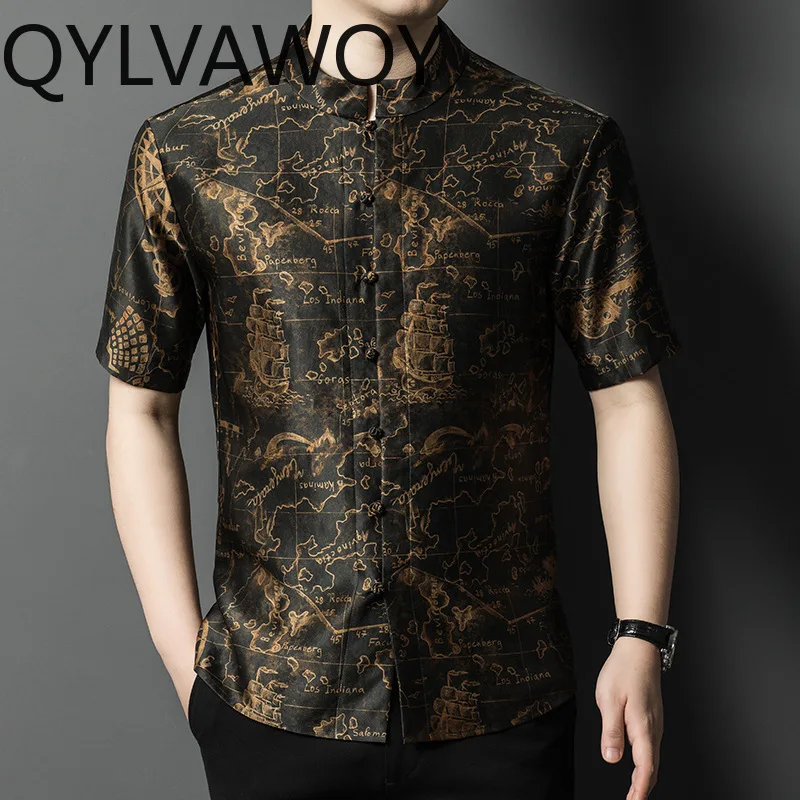 QYLVAWOY Men's Shirts High-end 100% Natural Mulberry Silk Shirts Summer Tops Thin Short Sleeve Luxury Man Clothing Chinese Style