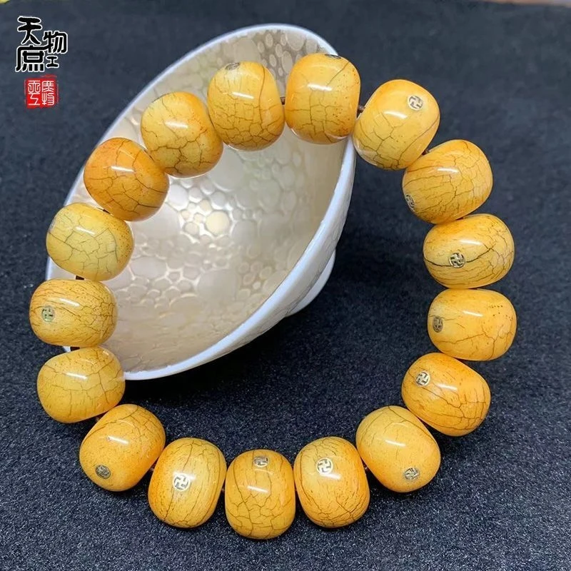 Camel bone distressed and cracked drum-shaped inlaid with swastika pattern, 16mm DIY bracelet accessories, authentic