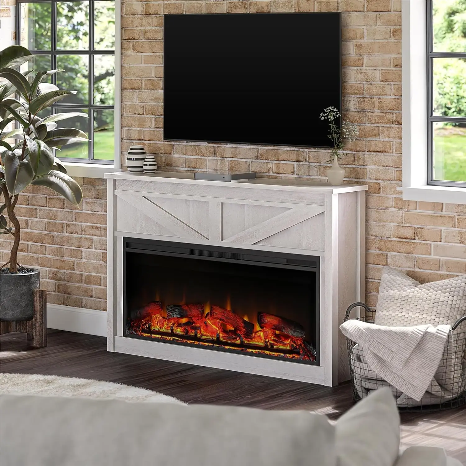 Farmington Wide Modern Farmhouse Mantel with Electric Fireplace, 49