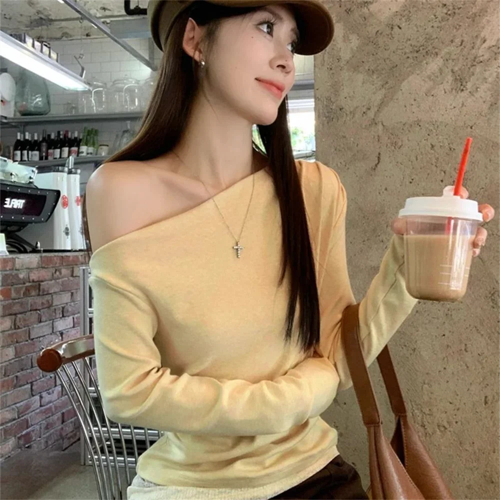 Желтые кружевные футболки, женские футболки из двух предметов с длинными рукавами, ранняя осень, модный дизайн, винтажная футболка из модала, женские топы