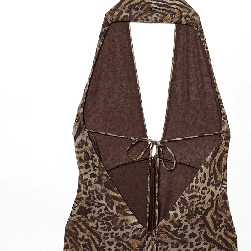 بدلة قفز نسائية أنيقة ومثيرة بطبعة الفهد مع رسن بدون ظهر ورباط علوي فضفاض موضة الربيع والصيف والعطلات 5039147 #5