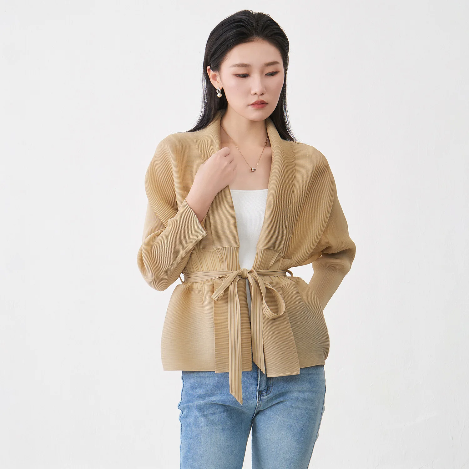 Miyake Fold 2025 Spring and Autumn Outcoat Women's Loose Fashion Strap Fold Commuter Versatile Cardigan Trendy Top Pleated