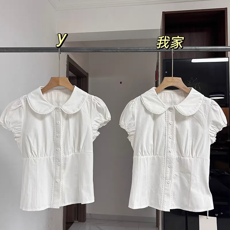 

Short Sleeve Shirts Womens Lace Embroidered Pintuck Cropped Harajuku Sweet Feminine Artistic Look Student Youthful Chic College