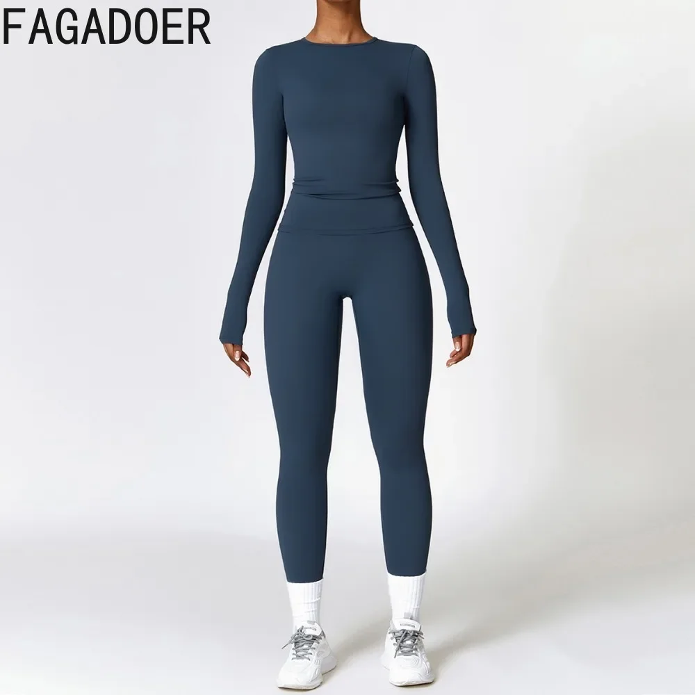 FAGADOER Autumn New Sports Two Piece Set Women Outfit Solid Stretchy Long Sleeve Tops and High Waist Leggings Jogger Streetwear