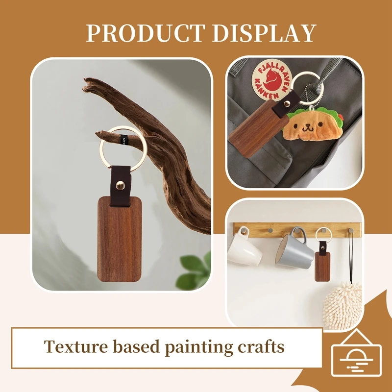 10Pcs Wooden Keychain Rectangular Collectible Key Ring Car Bag Hanging Pendant Painting Crafts Cute Keychain