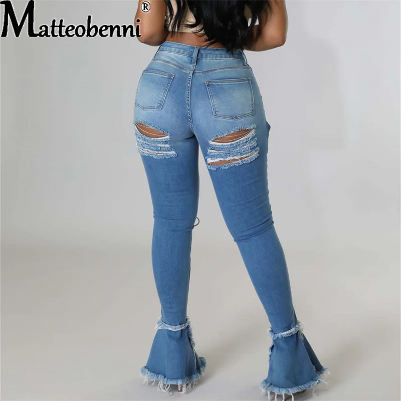 Sexy Slim High Waist Jeans Women Vintage Ripped Stretch Eyelet Bandage Mopping Denim Flared Pants Ladies Casual Street Trousers