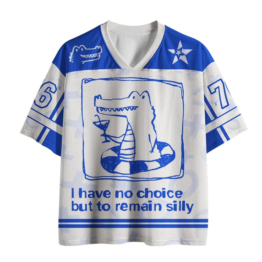 2026 Popular V-neck Mesh T-shirt with Fun Printed Short Sleeved T-shirt, Retro Streetwear, Loose Oversized Sports Mesh T-shirt