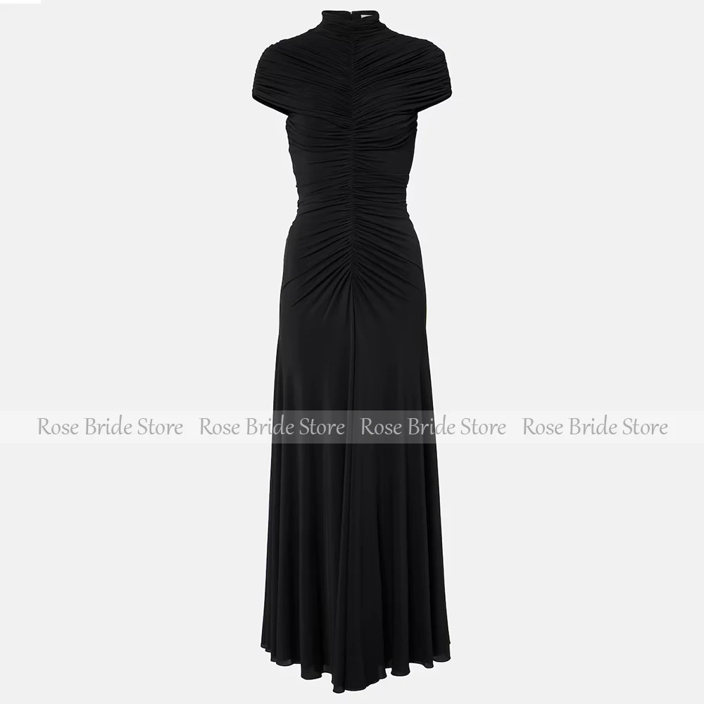 Maxi Evening Dress Black Spandex Tulle High Collar Cap Sleeves Mermaid Evening Gowns Ankle Length Pleated Women's Party Dresses image 6