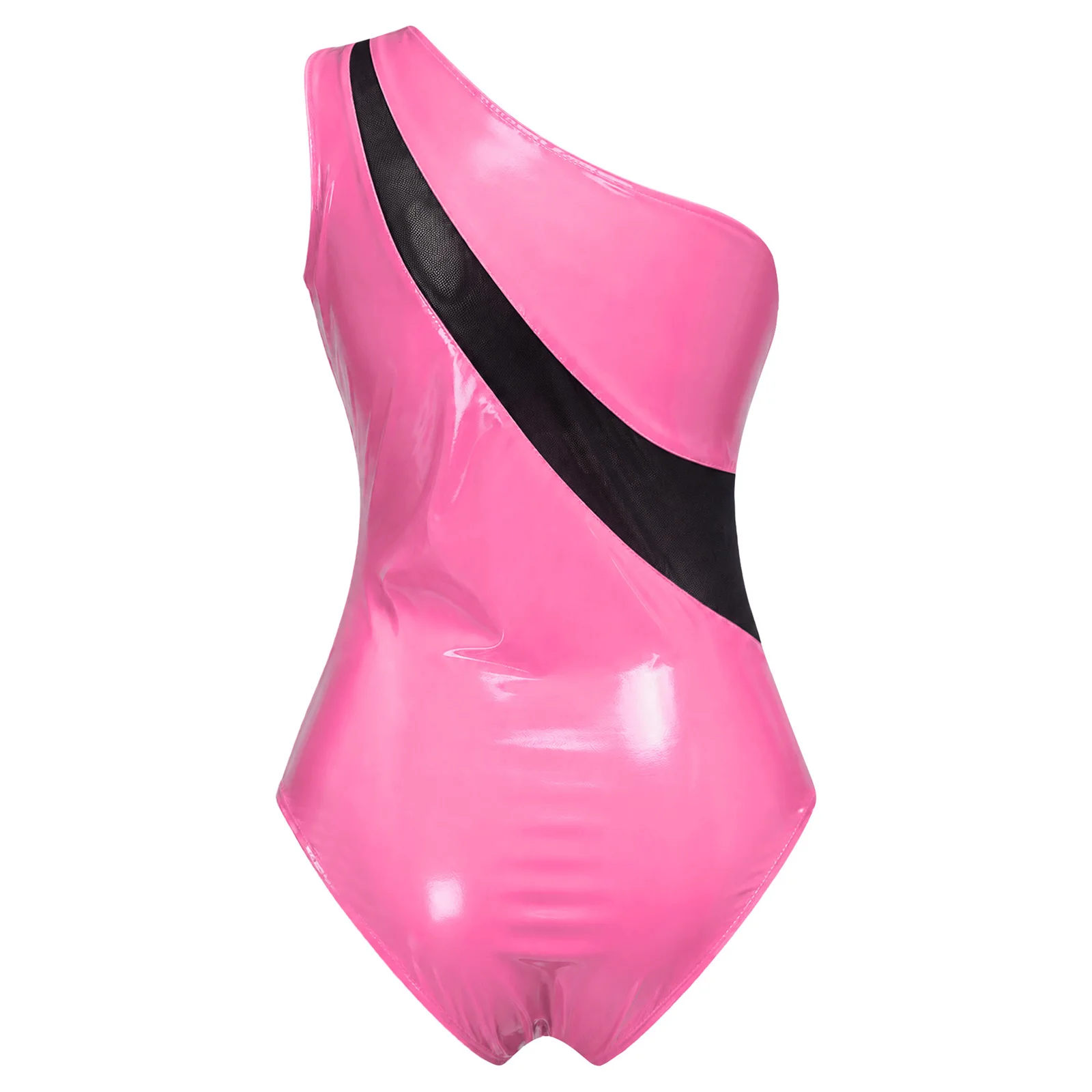 Womens Sheer Mesh Patchwork Patent Leather Bodysuit One Shoulder Sleeveless Leotard for Halloween Performance Party Dance Show