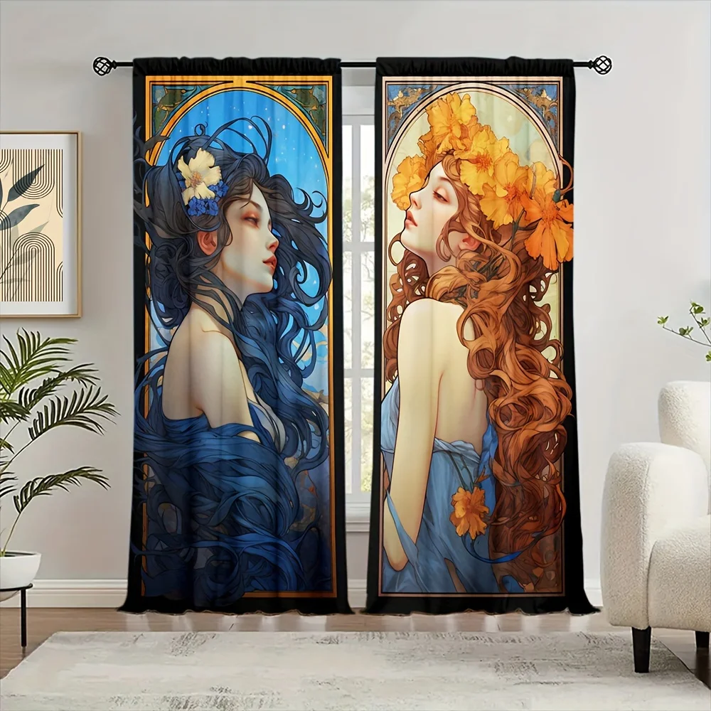 2pcs Art Nouveau Style Women Print Curtains Floral Hair Design Dreamy Elegant Polyester Window Drapes for Living Room Bedroom