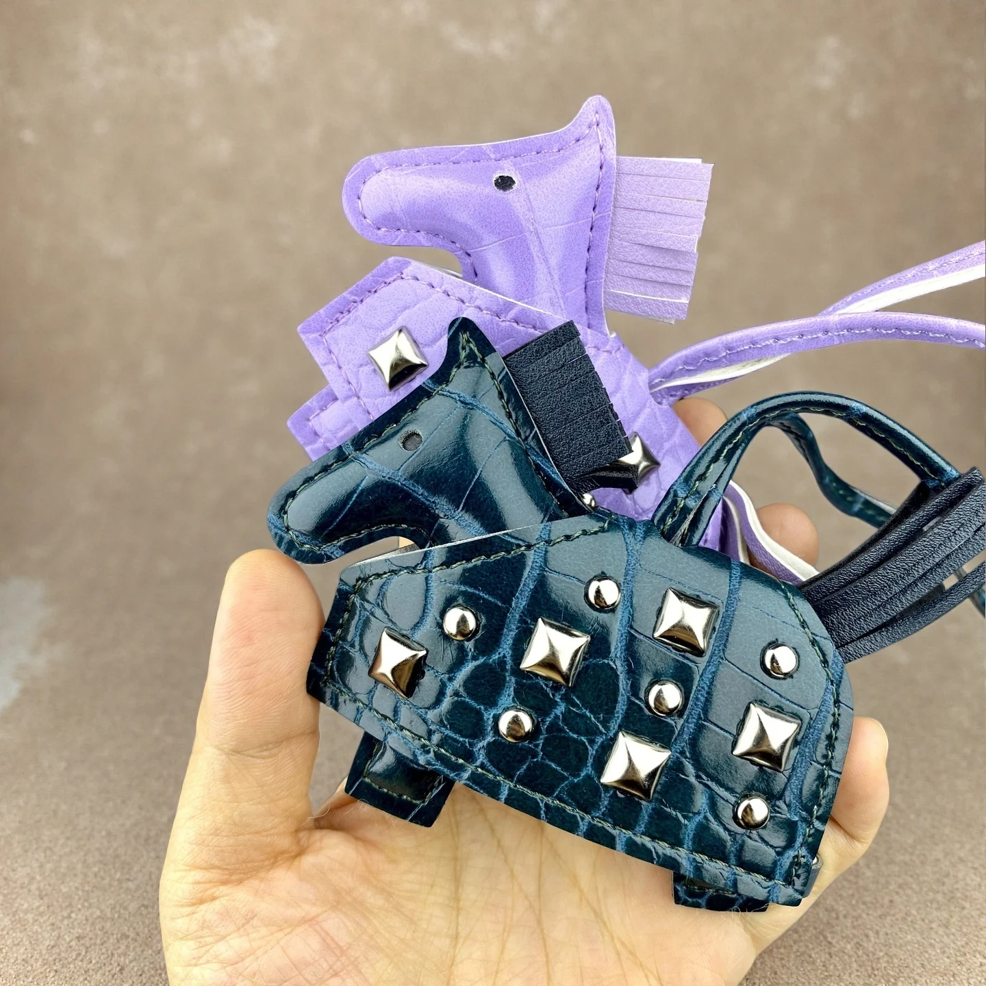 Boho-Chic Croc-Print Pony Pendant-Punk-Style Studded Pony Pendant with Gunmetal Rivets, Horse Keychain Charm For Bag, Charm Gift