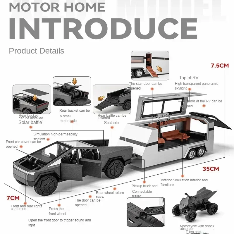 

New Truck RV Off Road Vehicle Model Simulation Alloy Pickup Diecast Metal 1/24 Toy Car Light Sound Children's Car Toy Boy Gifts