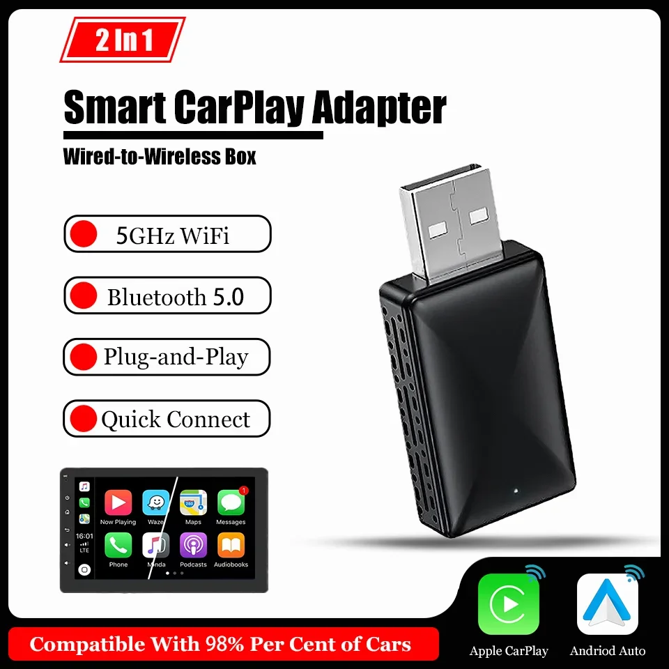 

NEW Mini Box Wireless Car Player Adapter Apple CarPlay & Android Auto 2In1 For Volvo Benz Cadillac Jeep Lexus Buick VW Kia Mazda