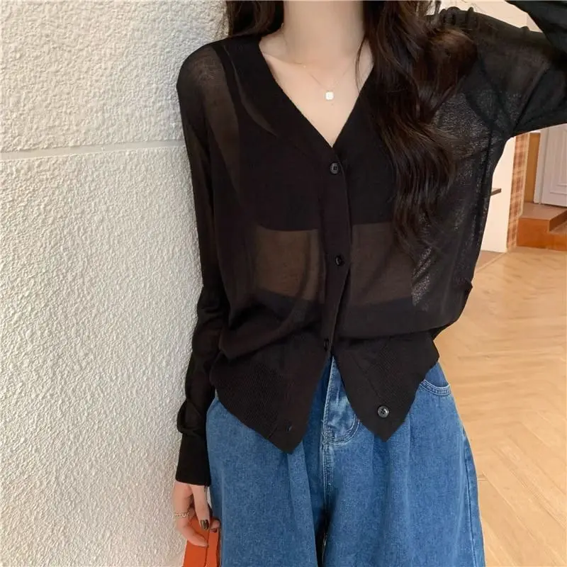 Summer Casual Loose Thin Long Sleeve Coat Women Fashion All-match V-neck Button Cardigan Sexy Transparent Y2k Sunscreen Clothing