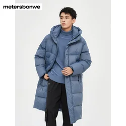 Metersbonwe-Men's Long Hooded Down Jacket, Monochromatic, 80%DuckDown, Ultralight Warm Wear,Loose Straight Down Outwear, Winter