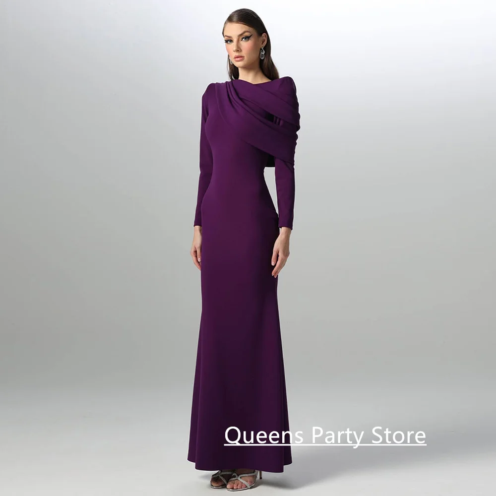 

Simple Arabian Evening Dress Mermaid Customized Round Neck Long Sleeves Ankle Length Woman Wedding Party Gown Prom Dresses