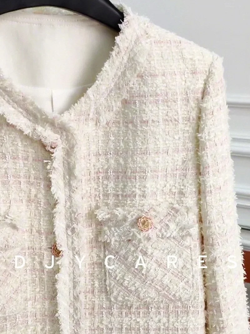New Coarse tweed fringe 2 pocket versatile jacket white top