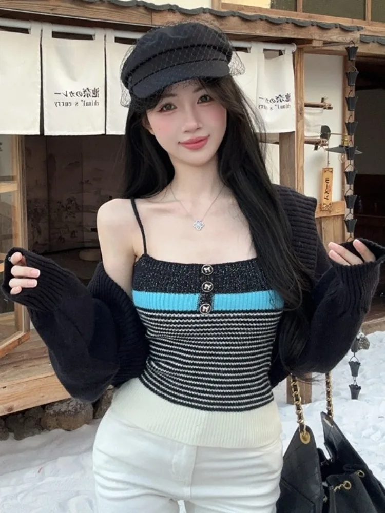 

Sexy Korean Style Striped Color Block Slim Fit Knitted Set Soft Cozy Camisole Tank Top And Bottoms Casual Wear for Women