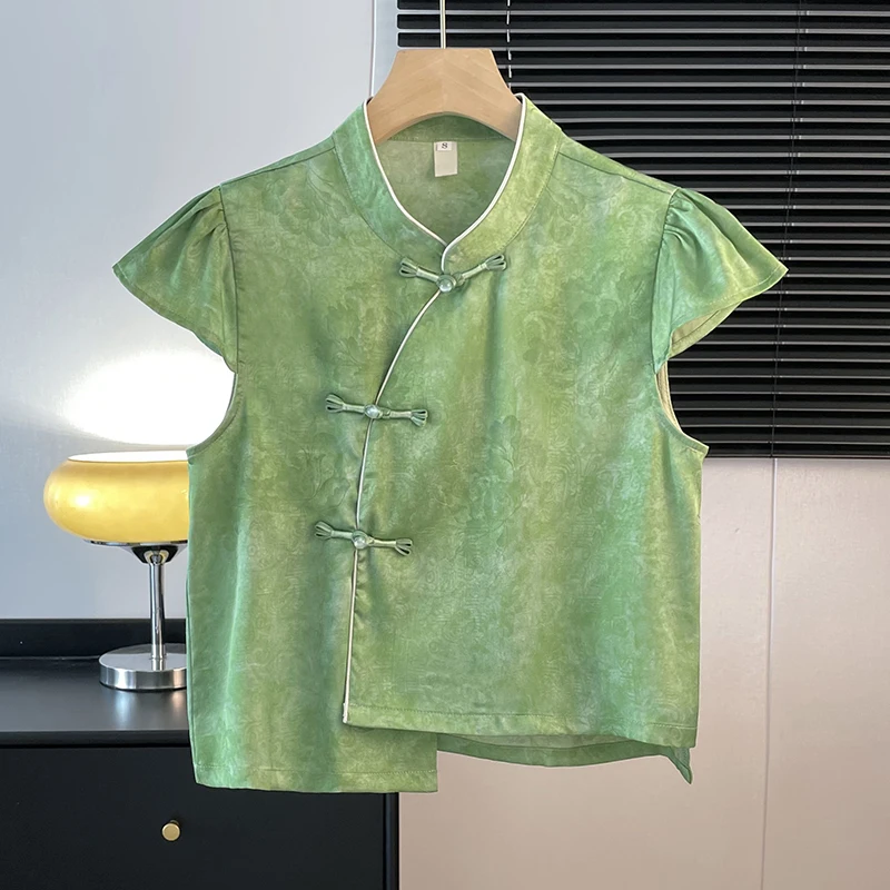 

New Chinese Sle Retro Tang Suit Jaet National Sle Embroidered Satin Stand Collar Button up Vest Top Women's Faion