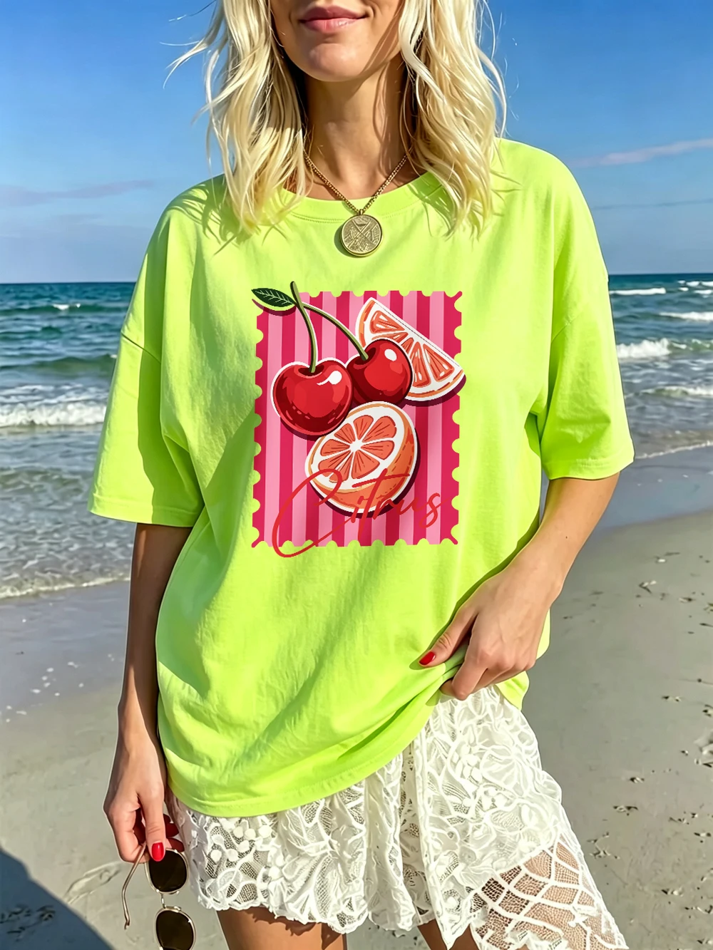 Rote Kirsch-Zitrus-Bedruckte T-Shirts aus Baumwolle für Damen, Sommerliche Oversize-Oberteile, Basic O-Neck Kurzarm-T-Shirts, Lässige Weiche Kleidung – Detail 18