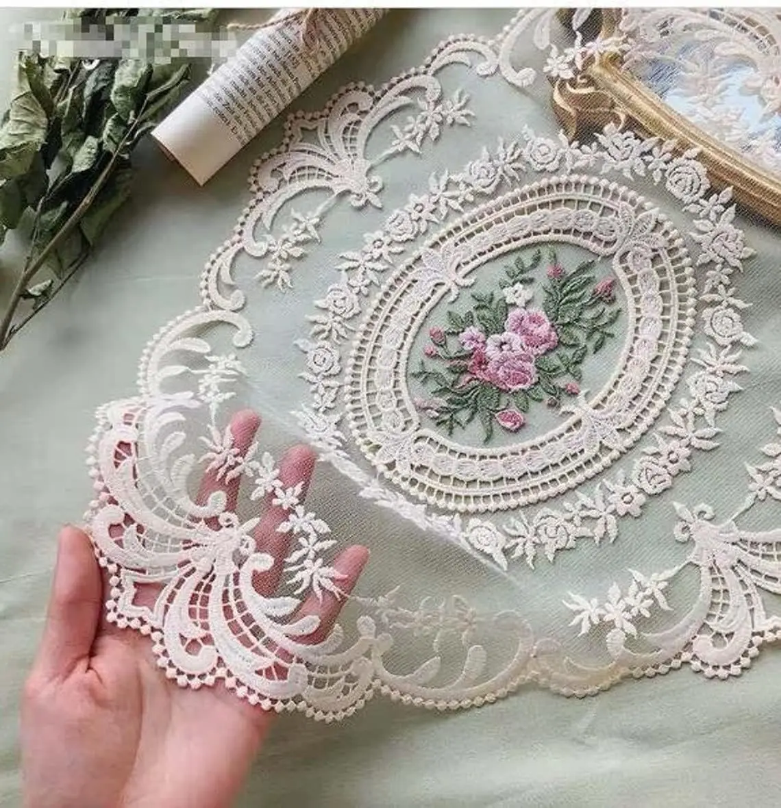 Set of 12 Vintage Lace Table Mats, French Crochet Doilies, Handcrafted Embroidered Placemats, Beige Cup Mats, Cotton Organza