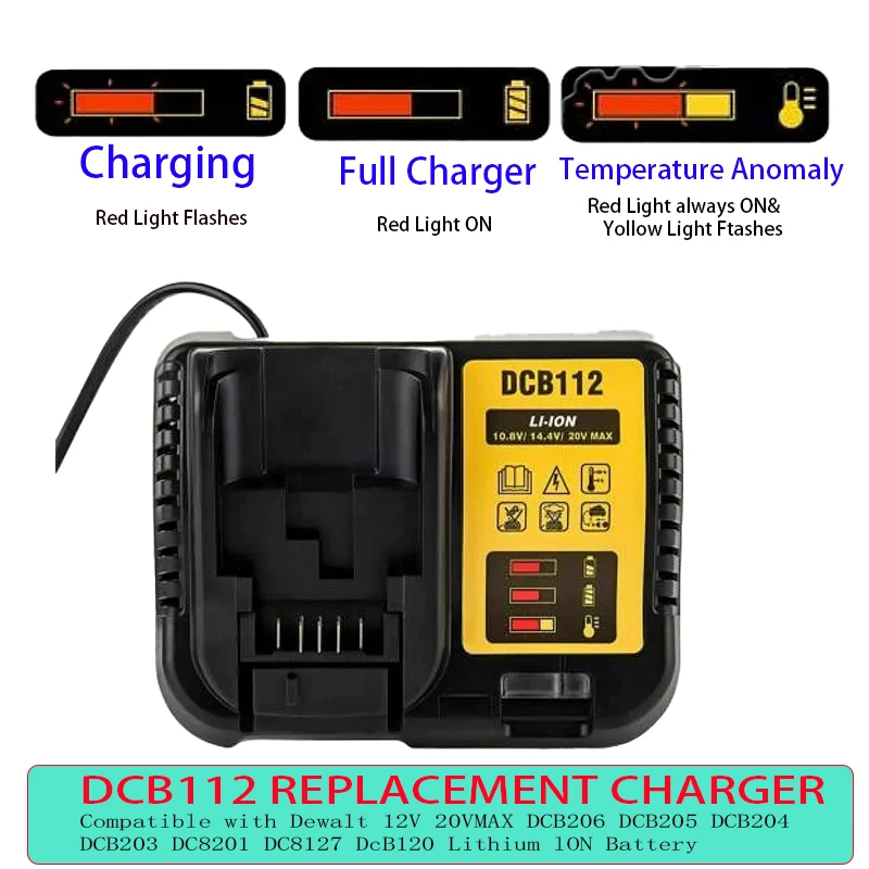 

DCB112 2A Lithium Battery Charger For Dewalt 10.8V 12V 14.4V 18V 20V DCB206 DCB205 DCB204 DCB203 DCB120,DCB107 DCB115 DCB105