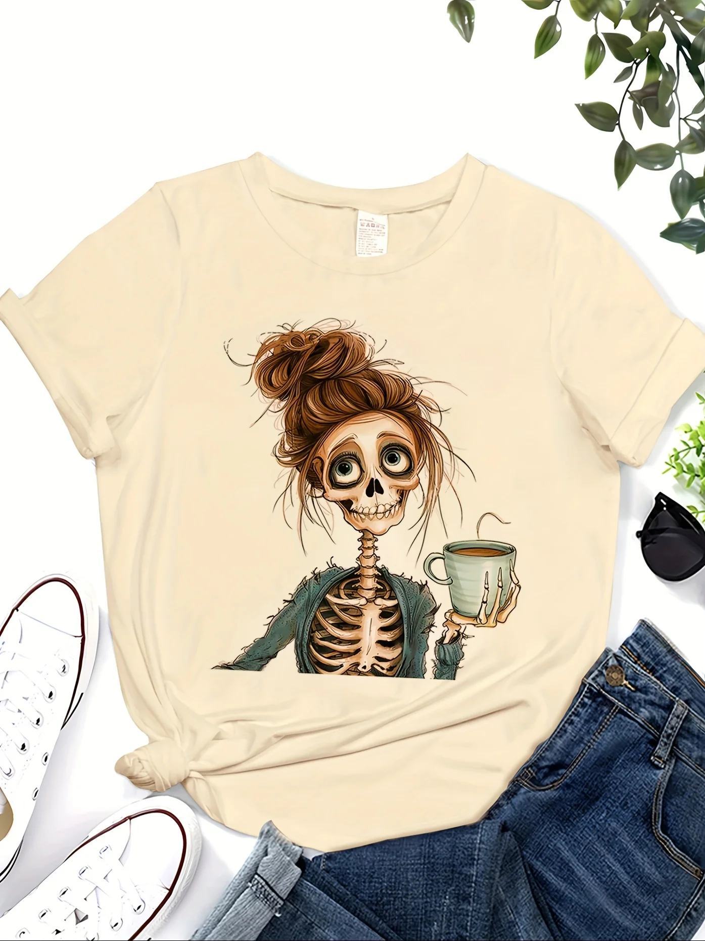 Halloween Portrait Skull Print Round Neck T-Shirt Casual Graphic T ShirtWomen's Holiday Halloween and Day of The Dead Clothes