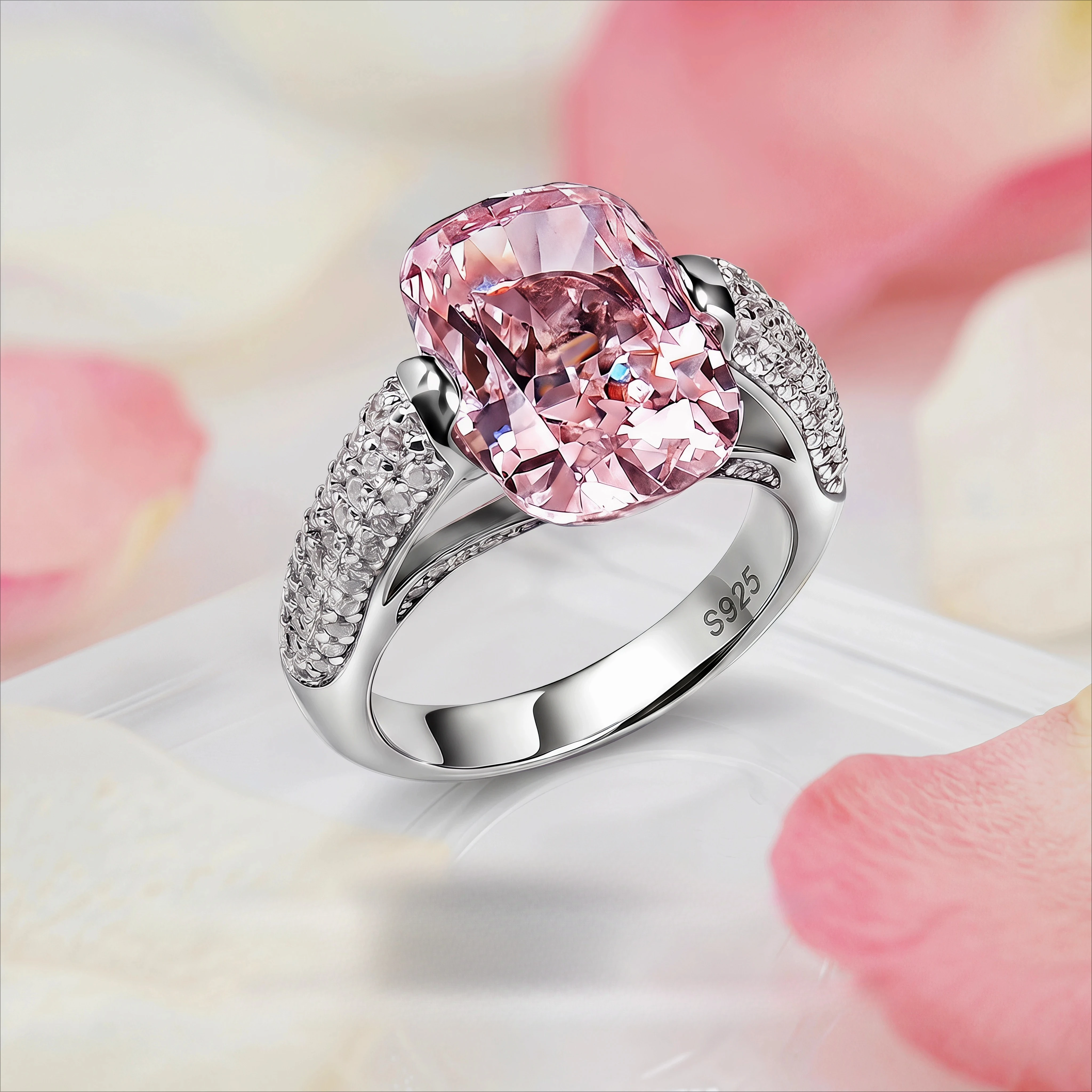 Rectangular Pink Diamond S925 Silver Ring, Light Luxury, Niche, Slightly Inlaid with Broken Diamonds, Give Girlfriend A Gift