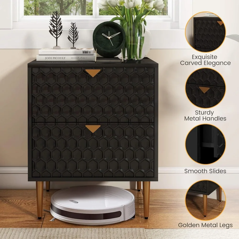 منضدة سوداء حديثة مع درج، طاولة بجانب السرير مصنوعة من الخشب، وخزانة صغيرة أنيقة بلمسة نهائية لامعة