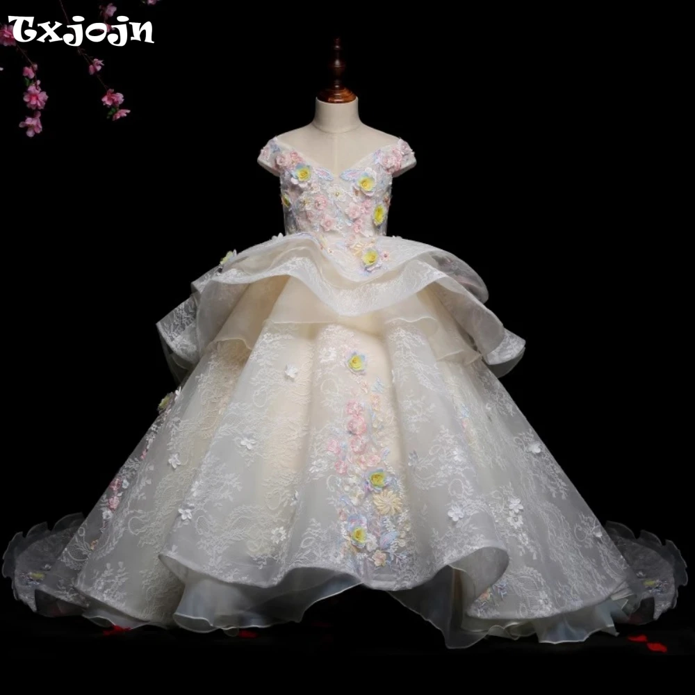 Colorful Lace Appliques Flower Girls Dresses For Wedding 2025 High Quality V-neck Ball Gown With Train Host costumes