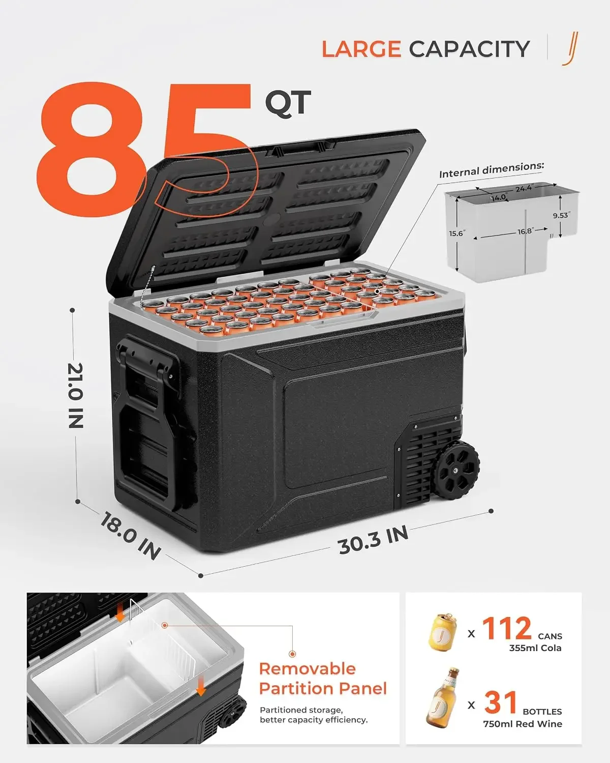 12V Refrigerator, 85 Quart Electric Cooler, 12V/24V DC 100~240V AC, 12v cooler -4℉~68℉, Portable Freezer with Wheels for Truck,