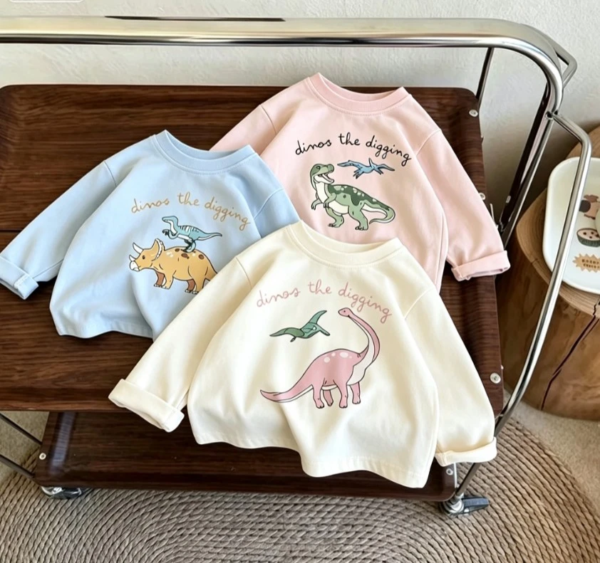 Kids Dinos The Digging Dinosaur Long Sleeve T Shirt Soft Cotton Crew Neck Tee Baby Popular Home Wear And Outdoor Clothing Tees
