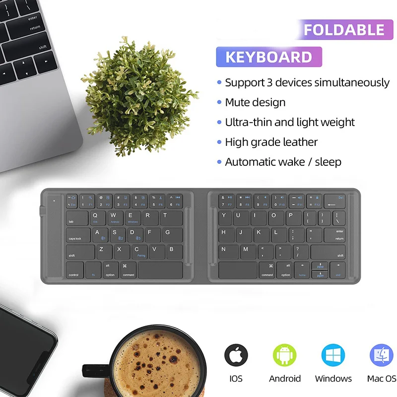 JOMAA Keyboard Bluetooth nirkabel, papan ketik lipat banyak perangkat dapat diisi ulang portabel untuk IOS Android Windows