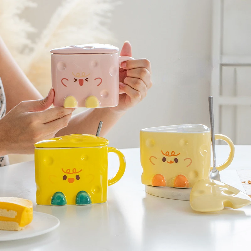 Cute Cheese Ceramic Mug, Creative Cartoon Straw Cups, Office Coffee Mugs, Covered Spoon Breakfast Milk Cup, Birthday Gift