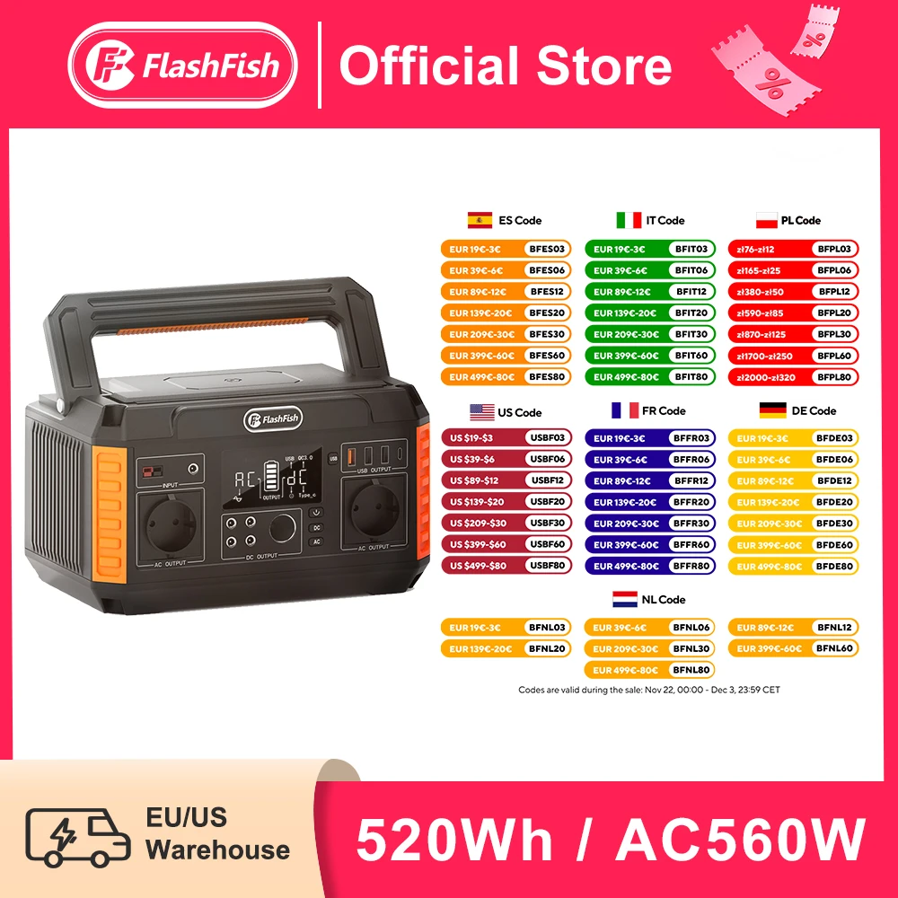 FF FlashFish Power Station 560W Portable Solar Generator 230V Pure Sine Wave AC Outlets 520Wh Lithium Batteries Charging Station