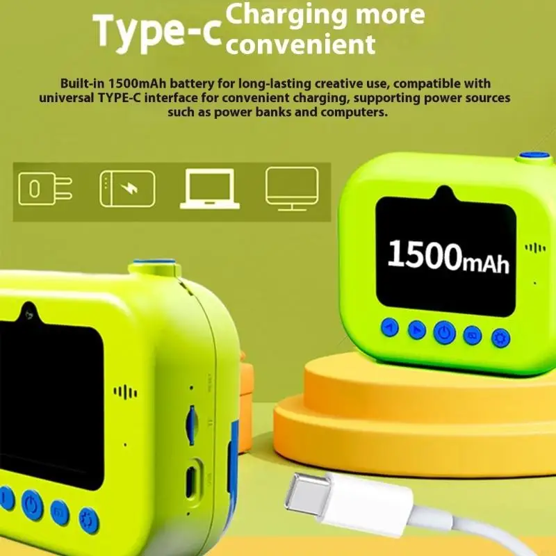 Aparat dziecięcy 48 z możliwością natychmiastowego drukowania zdjęć Podwójny obiektyw 16-krotny zoom Wbudowany filtr Gry MP3